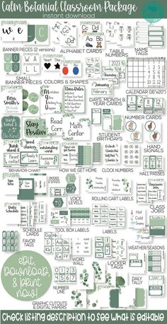 the green and white printable classroom planner is shown with text that reads, each item has