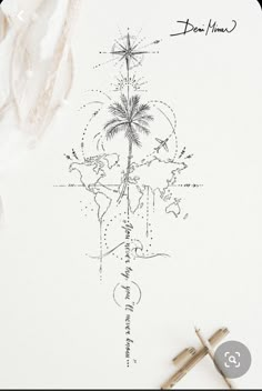 a pen and ink drawing of a palm tree on a white paper with writing underneath it