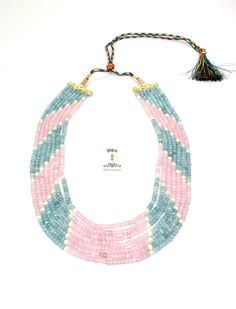 Natural stone mala. Multilayered bead necklace. Pastel pink and blue haram with pearls. 7 layered mala. This mala does not come with earrings. 7 Layers, Laddu Gopal, Beaded Necklaces, Bead Necklace, Chain Styles, Multi Layering, Pastel Pink, Natural Stone, Natural Stones