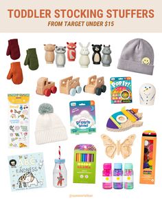 the contents of a toddler stocking stuff set including toys, books and other items