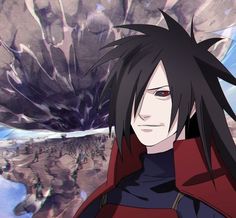 an anime character with long black hair and red eyes standing in front of a large rock formation