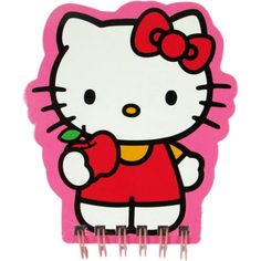 a hello kitty clipboard with clothes pins attached to it's back and an apple in its hand