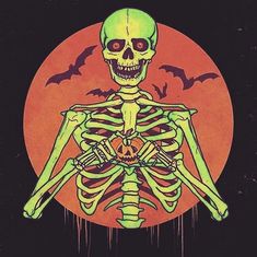 a painting of a skeleton holding a pumpkin