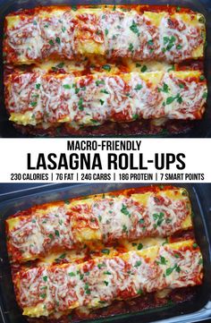 two images of lasagna roll ups with cheese and sauce