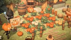 an animated image of pumpkins and other things in a garden with trees, fenced in