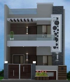 the front view of a two story house with balconyes and balconies on each floor