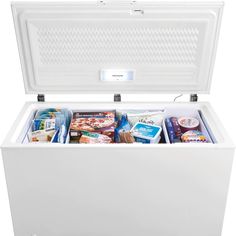 an open chest freezer with food inside