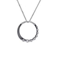 Here is our amazing round cut diamond Journey circle pendant in 14 kt. white gold. Along half of this circle pendant are round cut diamonds set graduating in size for a total weight of 1.000 carat in top near colorless white G to H and immaculately eye clean SI-1 to SI-2 clarity. The pendant has a hidden bale where an 18 inch cable link chain has been threaded through. This necklace secures with a lobster claw closure. Payment: Payment must be received within 2 business days of the sale being co White Gold Diamond Necklace With Round Pendant, Platinum Single Cut Diamond Necklace, Round Diamond Birthstone Necklace, Round Diamond Necklace As A Gift, Round Diamond Cut Necklace, Round Diamond Necklace For Gift, Sterling Silver Round Diamond Necklace With Bezel Setting, Sterling Silver Diamond Necklace With Round Pendant, Platinum Diamond Necklace With Round Pendant