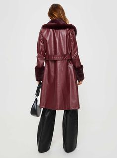 Longline coat  Faux leather material, faux fur trimming, button front fastening, twin pockets at sides, removable waist belt  Non-stretch material, fully lined   55% PU 45% cotton  Cold hand wash Burgundy Leather Winter Outerwear, Winter Faux Leather Belted Outerwear, Winter Belted Faux Leather Outerwear, Fall Faux Fur Belted Outerwear, Winter Faux Fur Belted Outerwear, Longline Coat, Pink Formal Dresses, Fleece Dress, Outerwear Outfit