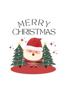 a christmas card with a santa clause standing in front of a tree and the words merry christmas