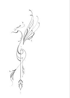 a black and white drawing of an arrow with swirls on the back of it