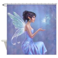 a beautiful fairy sitting on the ground with a butterfly in her hand shower curtain set