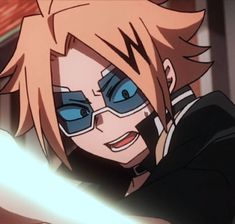 an anime character with blonde hair and blue eyes holding a light saber in his hand