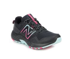 The New Balance WT410V8 Trail Running Shoes are not only functional but also stylish. With their sleek design and vibrant colors, you can hit the trails in confidence. Lace up and embrace the outdoors with these trail-ready running shoes. Classic round toe, Lace-up closure for a secure fit, Cushioned footbed, Smooth synthetic lining, Padded collar and tongue for added comfort, Textured outsole provides traction | Women's New Balance WT410V8 Trail Running Shoes in Black/BLUE/PINK New Balance Running Shoes For Outdoor Activities, New Balance Cushioned Running Shoes For Trail, New Balance Trail Running Shoes With Shock Absorption, Black Trail Running Shoes With Vibram Sole For Jogging, New Balance Low-top Trail Running Shoes, Black New Balance Trail Running Shoes With Cushioned Footbed, New Balance Lace-up Trail Running Shoes For Hiking, New Balance Trail Running Lace-up Shoes, New Balance Running Shoes For Hiking