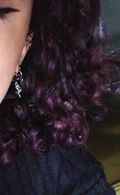 Curly Purple Hair Highlights, Plum Purple Curly Hair, Purple And Teal Hair Peekaboo, Red Purple Curly Hair, Purple And Black Curly Hair, Deep Purple Curly Hair, Curly Plum Hair, Back Hair Dyed