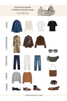 What to pack for a one-week trip to Florence and Tuscany this fall? Pack a travel capsule wardrobe in a classic casual style for a fall vacation in Italy with me. Paris Travel Capsule Wardrobe Fall, 4 Day Capsule Wardrobe Packing Light, 5 Day Travel Wardrobe Fall, Packing For Italy In November, Sezane Capsule Wardrobe, Capsule Wardrobe Italy, Travel Capsule Wardrobe Fall, Spring Travel Capsule, Fall Travel Wardrobe