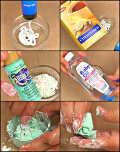 there are many pictures of different things in the photo, including toothpaste and mouthwashes