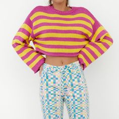 Women’s Zara Cropped Knit Pink & Yellow Striped Sweater Size Small Our Pre-Owned Items Are Cleaned And/Or Steamed. We Do Our Very Best To Disclose All Flaws. Please Review Our Unedited Photos To See The Condition Of This Item. Preowned Condition: Excellent Tags: Cropped, Vibrant, Knit Yellow Long Sleeve Spring Sweater, Spring Striped Cropped Sweater, Striped Cropped Sweater For Spring, Trendy Chunky Knit Tops For Spring, Spring Cropped Chunky Knit Sweater, Yellow Textured Knit Long Sleeve Sweater, Yellow Knitted Crew Neck Sweater, Yellow Cropped Tops For Fall, Yellow Relaxed Fit Cotton Sweater