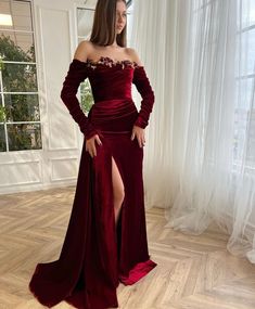 Crimson Velvet Mermaid Dress | Teuta Matoshi Glamorous Velvet Evening Dress With Fitted Bodice, Glamorous Velvet Dress For Gala, Glamorous Velvet Prom Dress, Glamorous Velvet Prom Evening Dress, Velvet Evening Dress With Sweep Train For Wedding, Glamorous Floor-length Velvet Dress, Luxury Off-shoulder Prom Dress, Glamorous Floor-length Velvet Evening Dress, Velvet Dresses For Wedding Gala