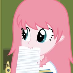 a pink haired girl holding a pile of papers