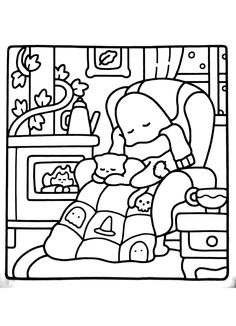 a black and white drawing of a woman sitting in bed with her cat on her lap