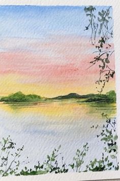 a watercolor painting of a lake with trees in the foreground