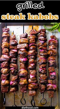 grilled steak kabobs on a grill with text overlay