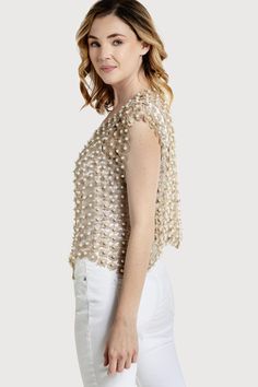 The perfect party piece! This unique piece has a hook and eye closure. This can be worn in the front and have a complete pearl shirt or wear it in the back to have an open front. It can also be worn without the hook to have an even more open front. Material: 50% Polyester, 50% ABS Shoulder Width: 21" Length From HPS: 21" Elegant Pearl Embellished Tops For Spring, Elegant Spring Tops With Pearl Buttons, Spring Formal Beaded Tops, Spring Evening Top With Pearl Embroidery, Pearl Embroidered Evening Top For Spring, Elegant Beaded Tops For Spring, Formal Beaded Tops For Summer, Spring Party Tops With Pearl Embroidery, Pearl Embroidery Top For Spring Wedding