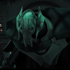 a star wars character with green lights on his face and head, in a dark room