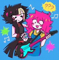 two cartoon characters are playing guitar together