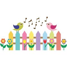 two birds sitting on top of a fence next to flowers and music notes above them