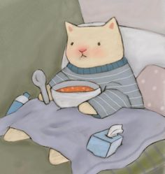 a drawing of a cat sitting in bed with a bowl of food on it's lap