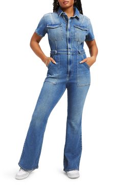 Get to work in this utility jumpsuit designed in a casual-cool wash with abbreviated sleeves and straight legs. 54 1/2" length; 27 1/2" inseam, 13" leg opening (size 3) Spread collar Short sleeves 72% cotton, 25% recycled cotton, 2% polyester, 1% elastane Machine wash, tumble dry Made in Turkey Black Owned and Founded Utility Denim Jumpsuit With Short Sleeve And Relaxed Fit, Utility Style Denim Jumpsuit With Relaxed Fit, Short Sleeve Denim Utility Jumpsuit For Workwear, Utility Style Denim Jumpsuit With Short Sleeves For Work, Relaxed Fit Denim Jumpsuit For Work With Short Sleeves, Medium Wash Denim Jumpsuit With Short Sleeve For Work, Utility Straight Leg Jumpsuits For Workwear, Utility Workwear Jumpsuit With Straight Leg, Utility Style Workwear Jumpsuits With Straight Leg