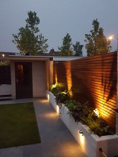 an outdoor garden with plants and lights on the side of it at night in front of a house