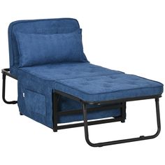 a blue chaise lounge chair sitting on top of a metal frame