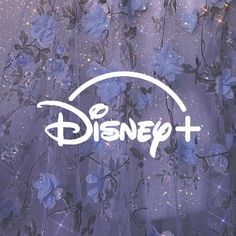 the logo for disney plus is surrounded by blue flowers and sparkles on a purple background