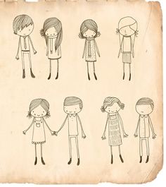 an old piece of paper with drawings of people holding hands