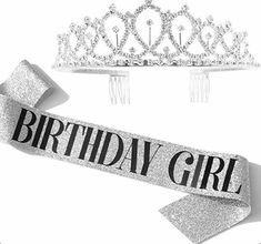 two tiaras with the words birthday girl on them and one has a ribbon that says happy birthday girl