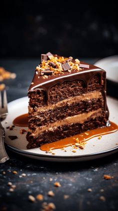 a slice of chocolate cake on a plate with caramel drizzle and nuts