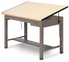 a workbench with an open drawer underneath it