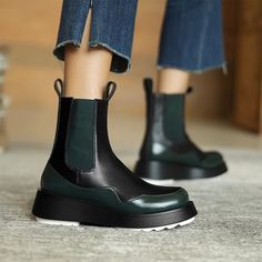 Step out in style with the Patricia Boots. The classic Chelsea boot reimagined with an oversized platform, the boot has a clean and minimalistic design, made of super soft leather, featuring a round toe, front and back tongue, and elasticated panels that make them so easy to pull on and off finished with slip & abrasion-resistant rubber sole. Wear them with jeans or floaty dresses. 100% Leather Mid-calf boots Imported Casual Ankle Boots With Thick Bottom, Casual Mid-calf Boots With Chunky Platform, Faux Leather Chelsea Boots For Work, High Ankle Chelsea Boots In Faux Leather For Work, High Ankle Chelsea Boots In Faux Leather, Casual Leather Moto Boots With Chunky Platform, Faux Leather High Ankle Chelsea Boots For Work, High Ankle Faux Leather Chelsea Boots For Work, Leather Martin Boots With Chunky Platform