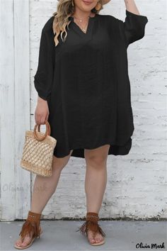 Olivia Mark - Chic Plus Size V Neck Beach Dress in Casual Solid Hue Long Sleeve Solid Color Mini Dress For Beach, Summer Mini Dress For Beach In Solid Color, Summer Mini Dress In Solid Color For Beach, Solid Color Summer Mini Dress For Beach, Summer Style Solid Color Mini Dress For Beach, Summer Mini Dress In Solid Color For Vacation, Solid Mini Dress For Beach Vacation, Solid Mini Dress For Vacation Beach Season, Solid Mini Dress For Beach Season Vacation