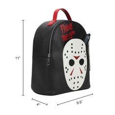 Unleash your inner horror fan with this black Friday the 13th mini backpack! Featuring a custom design with Jason Voorhees' iconic mask, this backpack is a chilling tribute to the slasher franchise. Complete with a pull-out coin purse shaped like a bloody meat cleaver, it adds a gruesome touch to your accessories. The bag comes with adjustable shoulder straps and a top handle for convenient carrying. Crafted with high-quality polyurethane, it measures 9.5" W x 11" H x 4" D. To keep it looking fr The Slasher, Target Purse, Friday The 13th Jason, Jason Mask, Kei Visual, Meat Cleaver, Friday 13th, Jason Voorhees, Friday The 13th