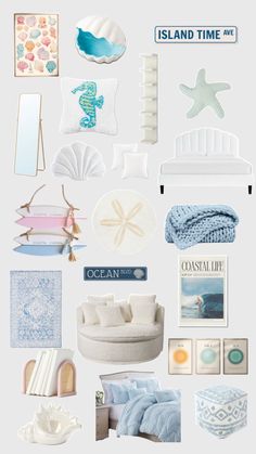 a collage of various items that include shells, seashells and starfish