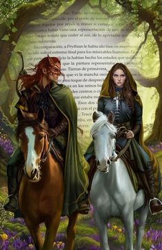 two people are riding horses in the woods with trees and flowers behind them, one person is wearing a green cape