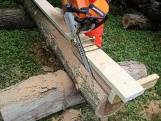 a man in an orange safety vest holding a chainsaw on top of a log