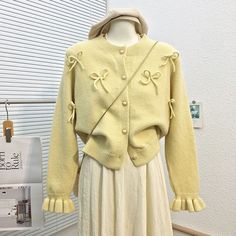 Color: Yellow, Size: One Size Elegant Spring Acrylic Sweater, Korean Style Outfits, Nerd Outfits, Flare Sleeve Sweater, Oc Board, Yellow Clothes, Yellow Fits, Fluffy Sweater, Knitting Women Cardigan