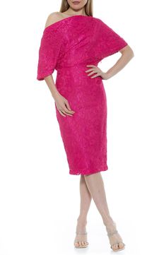 Show off this romantic stretch lace midi dress fashioned with a one-shoulder neck and asymmetric sleeves for contemporary style. 44" length (size X-Small) One-shoulder neck One short sleeve; one three-quarter sleeve Side concealed zip closure Stretch lace construction Lined Shell: 90% nylon, 10% spandex/lining: 100% polyester Machine wash, line dry Imported Model stats: 5'10" height, 32" bust, 25" waist, 36" hip. Model is wearing size X-Small. Fitted Off-shoulder Lace Evening Dress, Off-shoulder Lace Dress For Formal Occasions, Spring Wedding One-shoulder Midi Dress, Spring Wedding One Shoulder Midi Dress, Spring Off-shoulder Lace Party Dress, Spring Party Lace Dress Off-shoulder, Fitted Off-shoulder Lace Dress For Formal Occasions, Off-shoulder Lace Dress For Summer Evening, Spring Off-shoulder Lace Dress