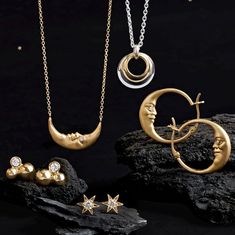 Crescent Moonface Necklace with Diamond Eyes – Gump's Moon With A Face, Anthony Lent, Crescent Moon Earrings, Diamond Eyes, Star Earrings Stud, Star Studs, Moon Earrings, Gold Hoops, Gold Hoop