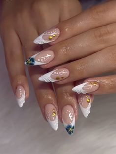 French Almond Nails, French Almond, French Acrylic Nails, Gel Nail Design, Blue And Gold, Nails Ideas, Almond Nails, White Nails, Stylish Nails